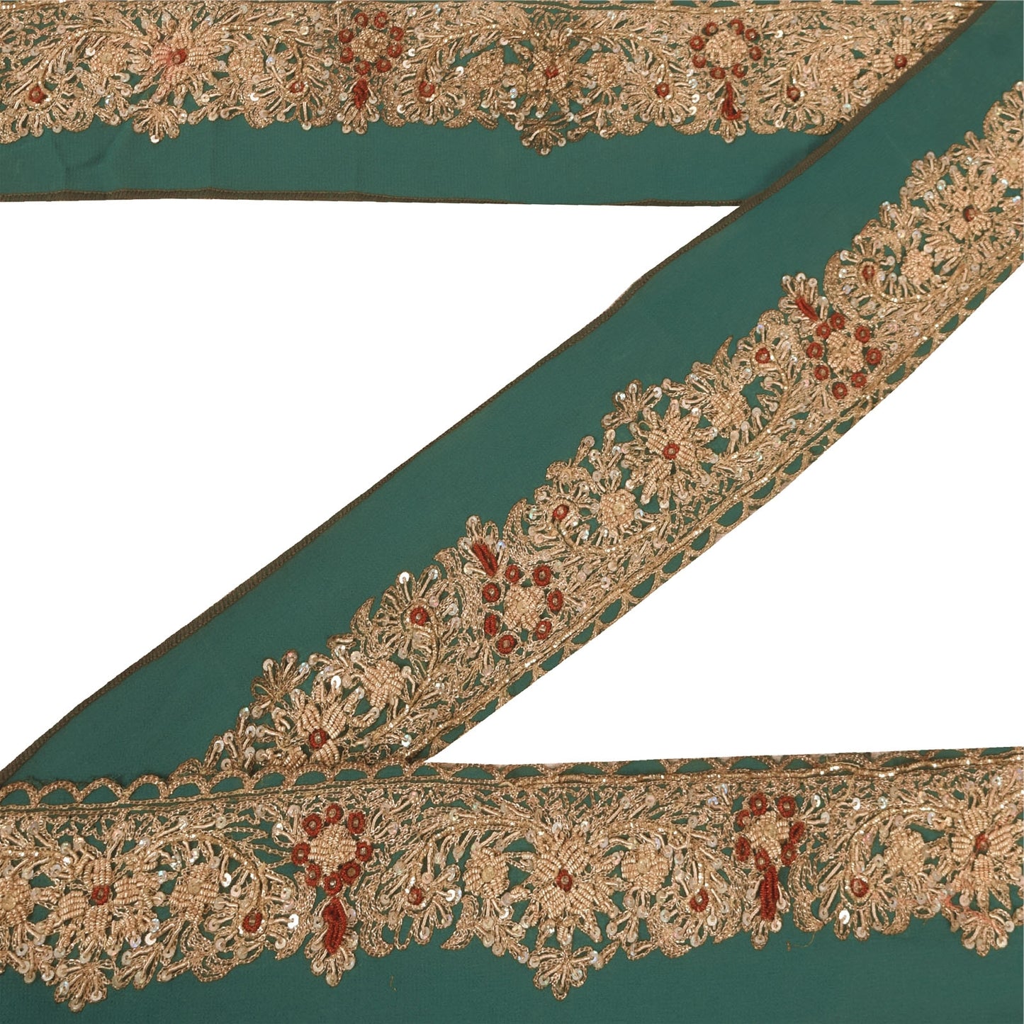 Sanskriti Vintage 1YD Sari Border Hand Beaded Zardozi ZariTrim Sewing Green Lace