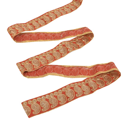 Sanskriti Vintage 1YD Sari Border Embroidered Trim Sewing Craft Orange Lace