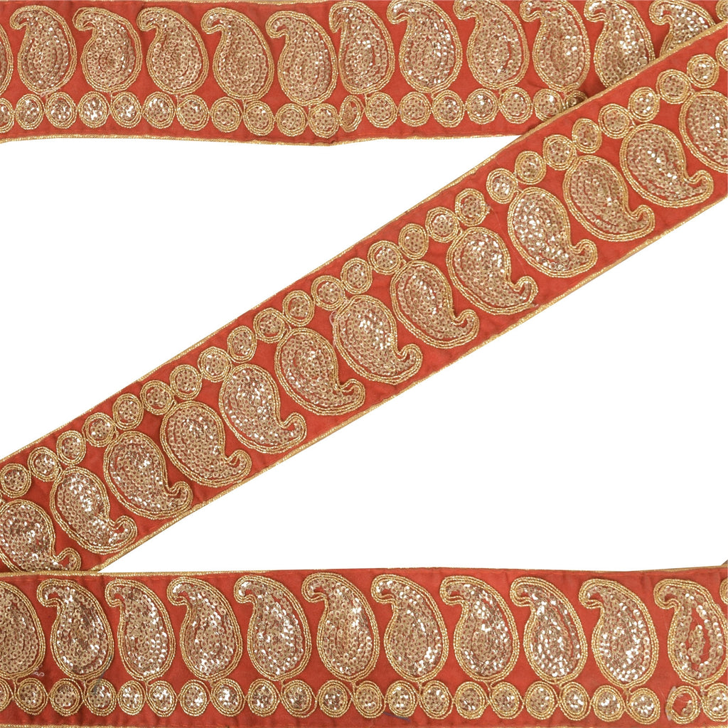 Sanskriti Vintage 1YD Sari Border Embroidered Trim Sewing Craft Orange Lace