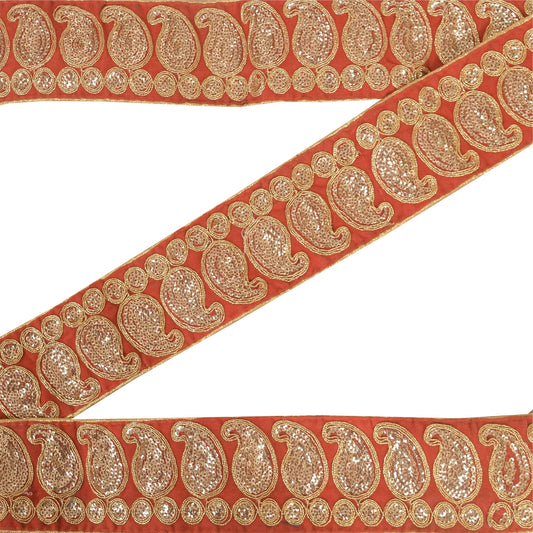 Sanskriti Vintage 1YD Sari Border Embroidered Trim Sewing Craft Orange Lace