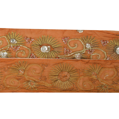 Sanskriti Vintage Saree 1Yd Border Orange Hand Beaded Sequins Rhinestone Trim Sewing Craft Silk Sari Lace 3"W Pure Crepe Silk Ribbon