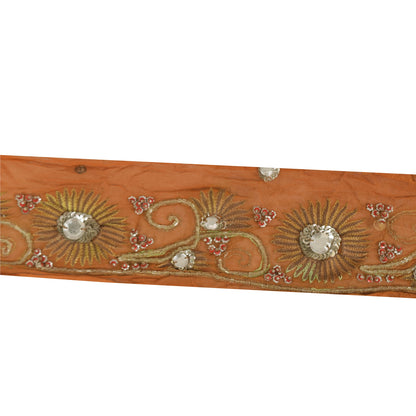 Sanskriti Vintage Saree 1Yd Border Orange Hand Beaded Sequins Rhinestone Trim Sewing Craft Silk Sari Lace 3"W Pure Crepe Silk Ribbon
