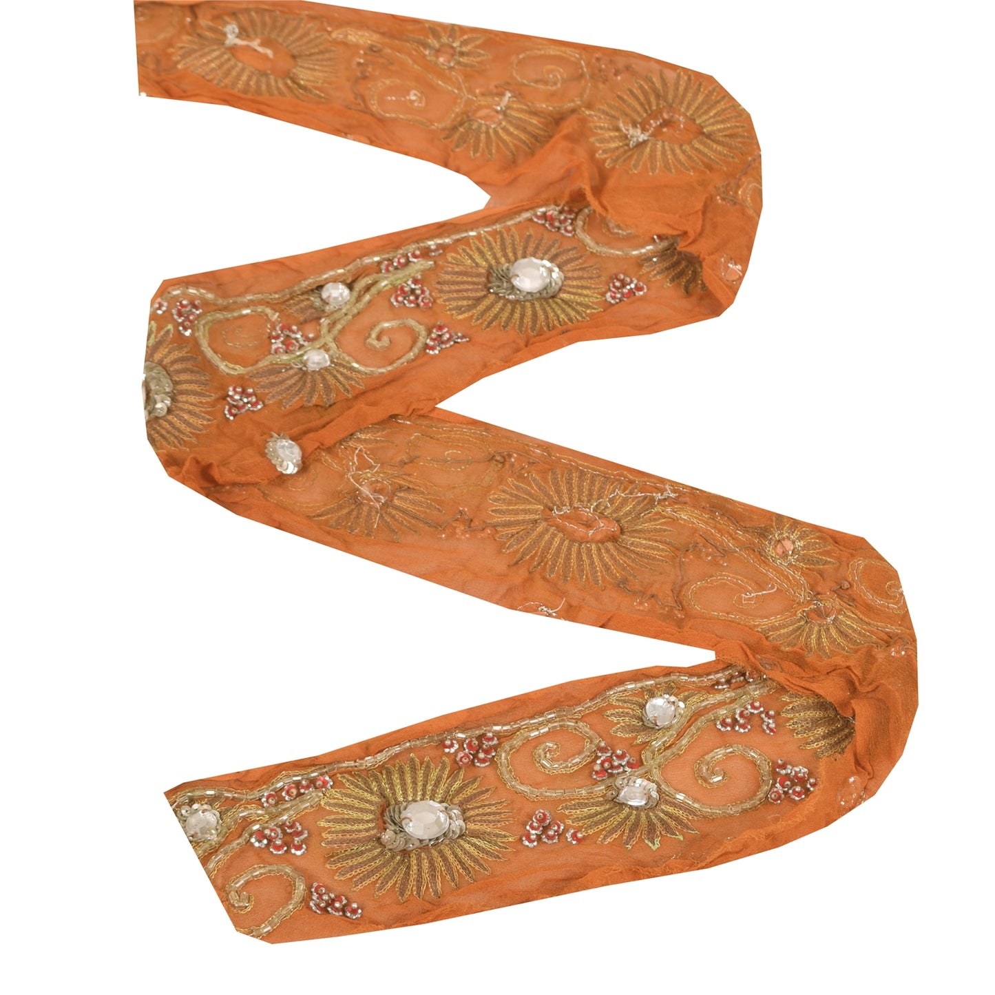 Sanskriti Vintage Saree 1Yd Border Orange Hand Beaded Sequins Rhinestone Trim Sewing Craft Silk Sari Lace 3"W Pure Crepe Silk Ribbon