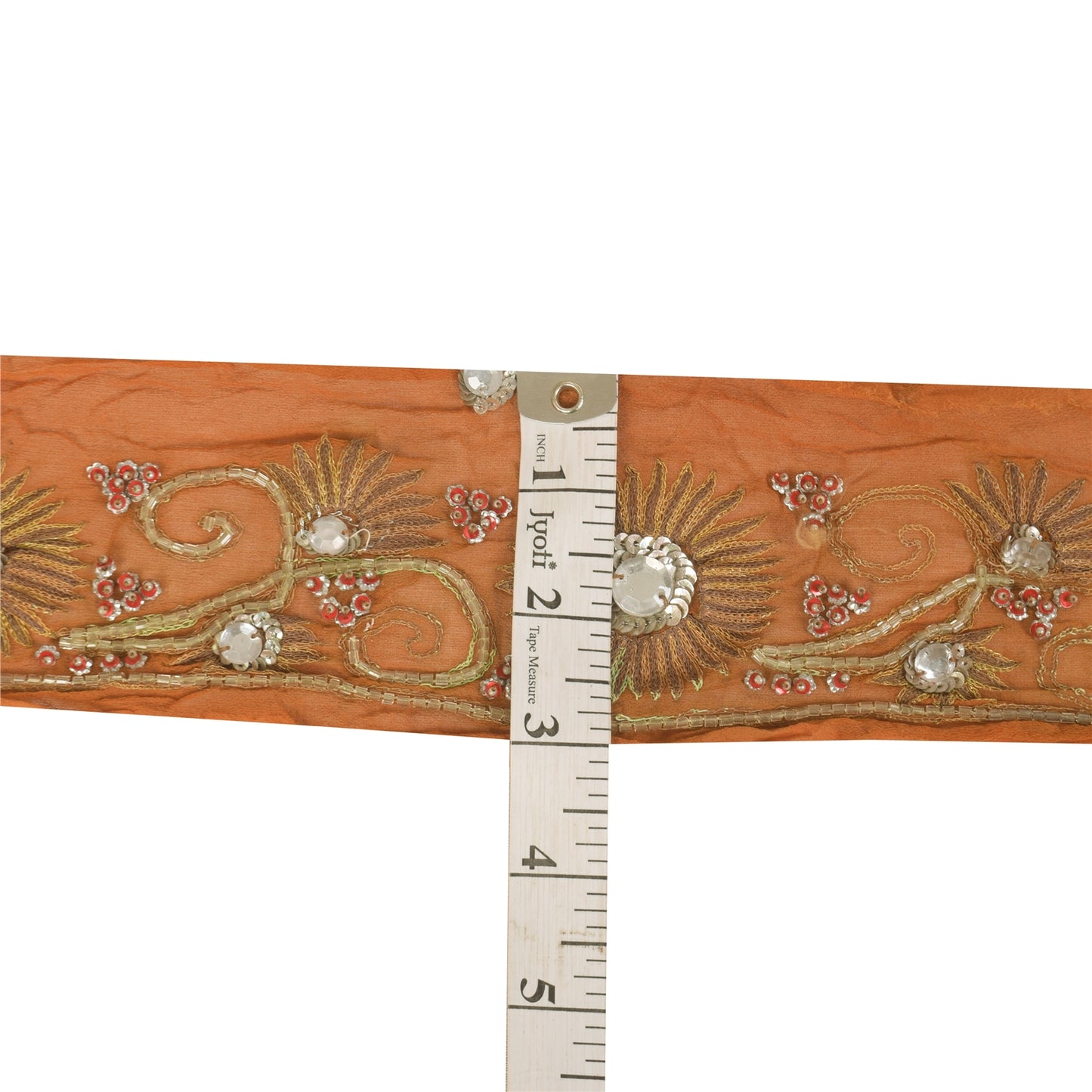 Sanskriti Vintage Saree 1Yd Border Orange Hand Beaded Sequins Rhinestone Trim Sewing Craft Silk Sari Lace 3"W Pure Crepe Silk Ribbon
