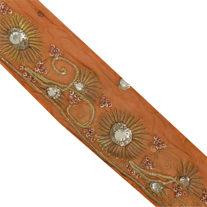 Sanskriti Vintage Saree 1Yd Border Orange Hand Beaded Sequins Rhinestone Trim Sewing Craft Silk Sari Lace 3"W Pure Crepe Silk Ribbon