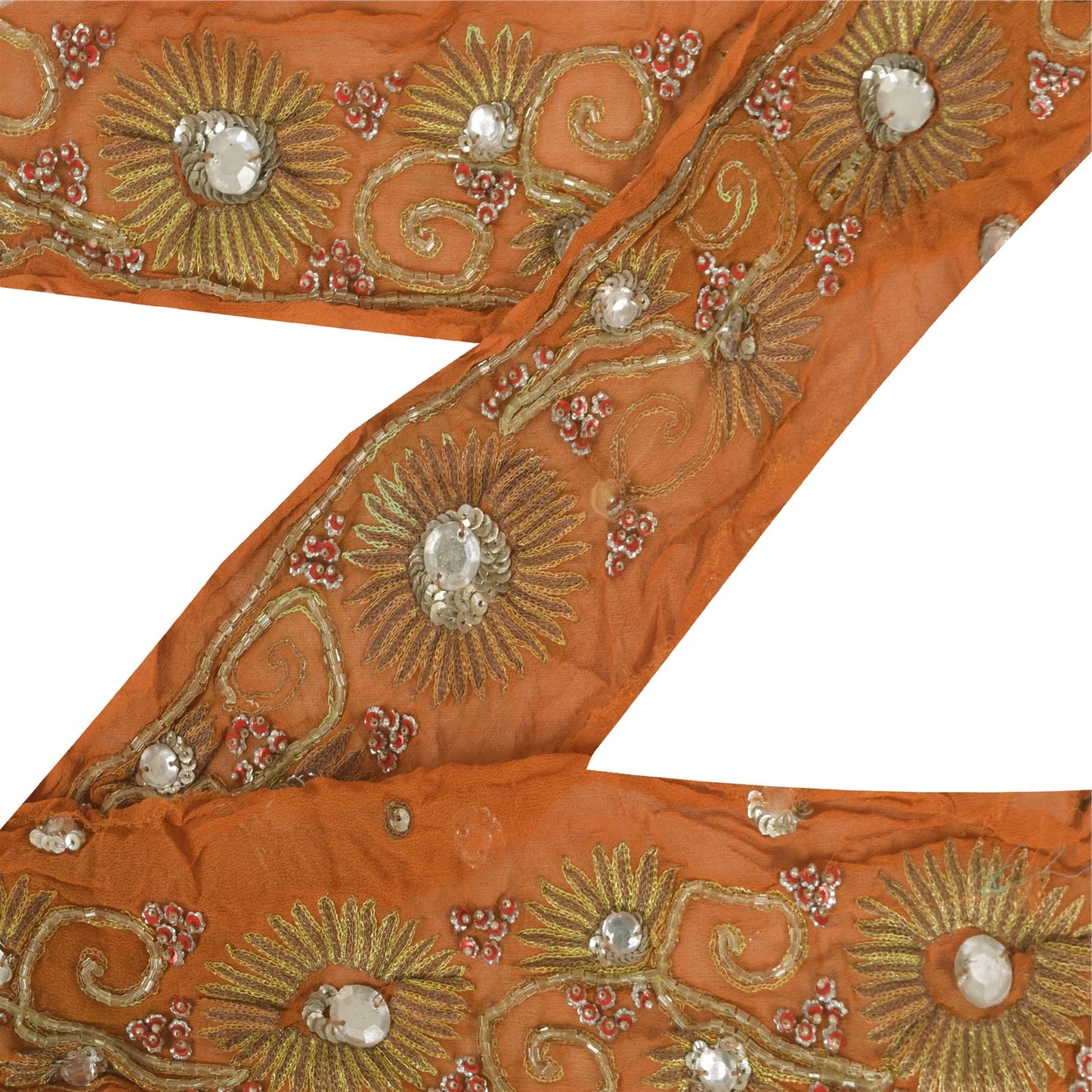Sanskriti Vintage Saree 1Yd Border Orange Hand Beaded Sequins Rhinestone Trim Sewing Craft Silk Sari Lace 3"W Pure Crepe Silk Ribbon