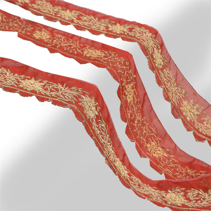 Sanskriti Vintage 1YD Sari Border Hand Embroidered ZardoziTrim Craft Orange Lace