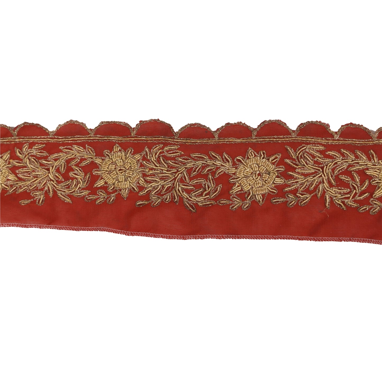 Sanskriti Vintage 1YD Sari Border Hand Embroidered ZardoziTrim Craft Orange Lace