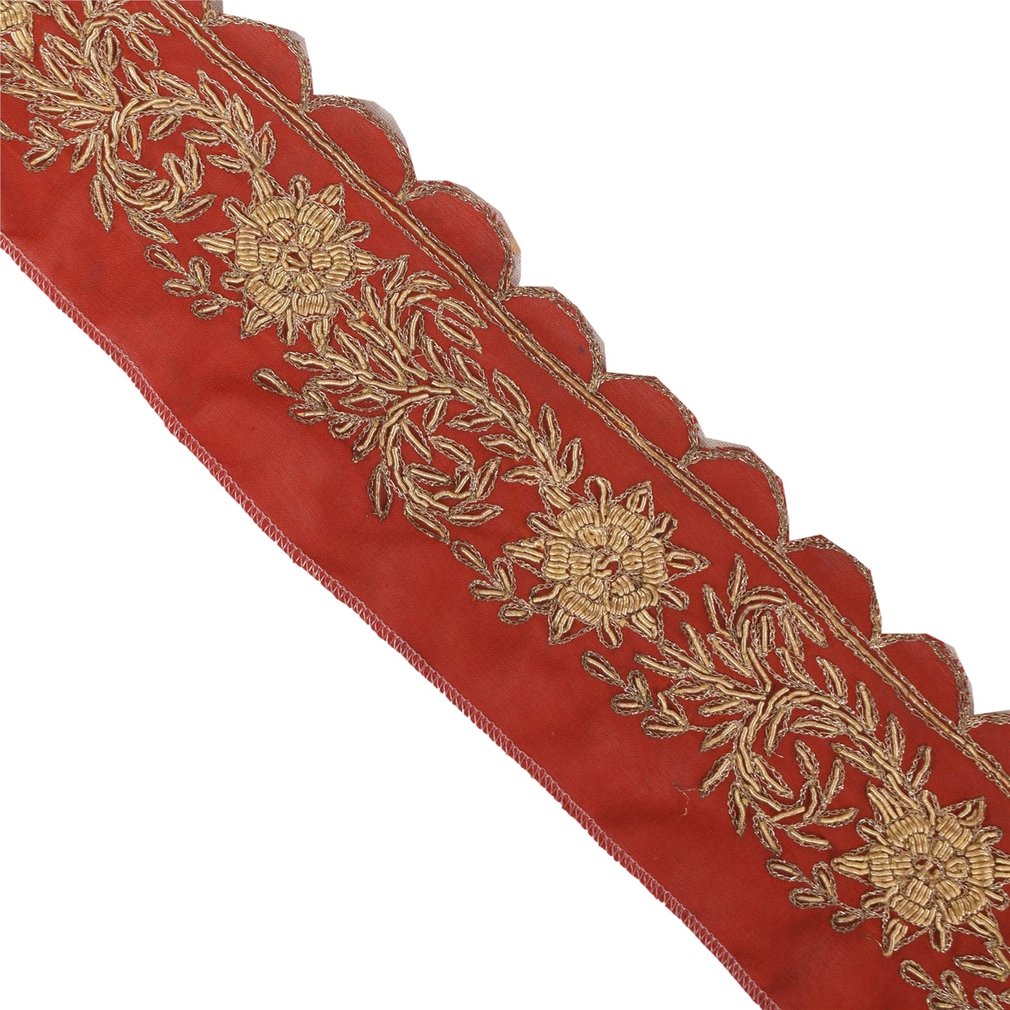 Sanskriti Vintage 1YD Sari Border Hand Embroidered ZardoziTrim Craft Orange Lace