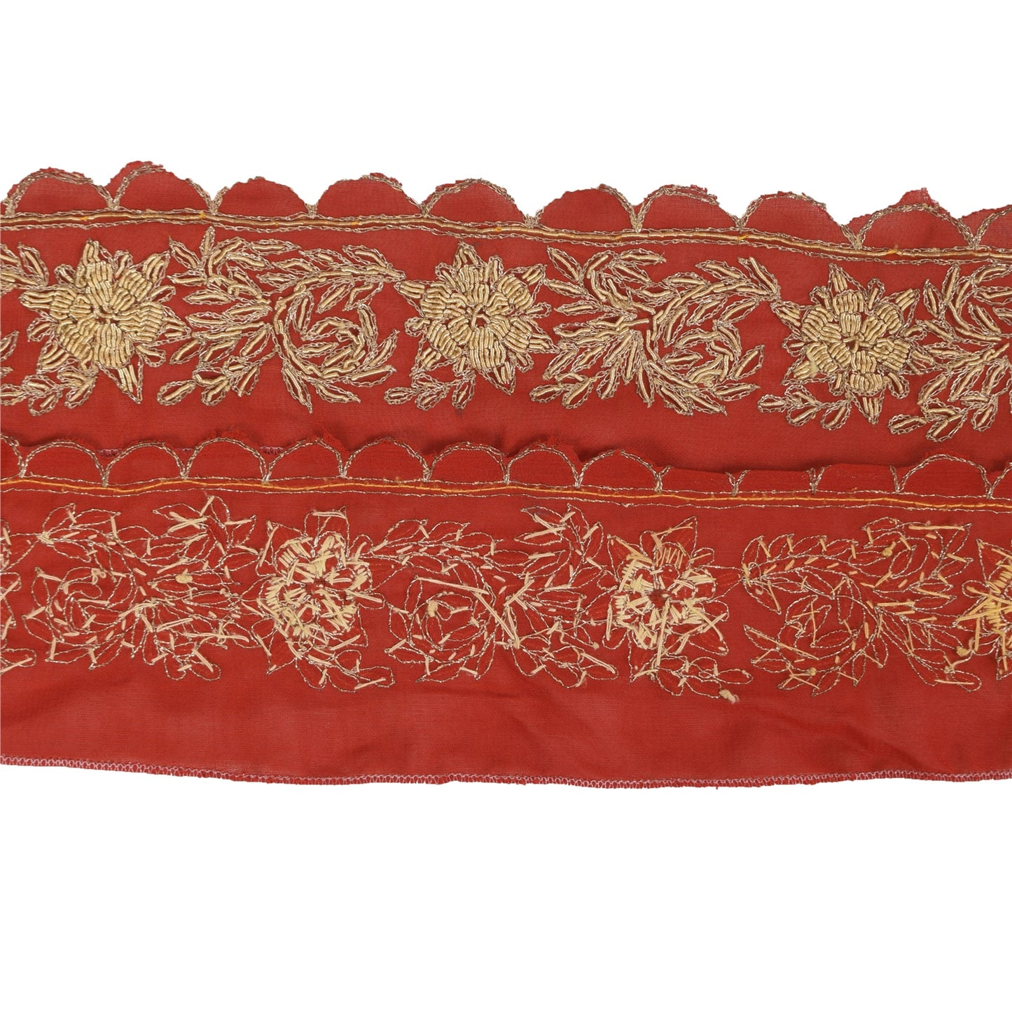 Sanskriti Vintage 1YD Sari Border Hand Embroidered ZardoziTrim Craft Orange Lace