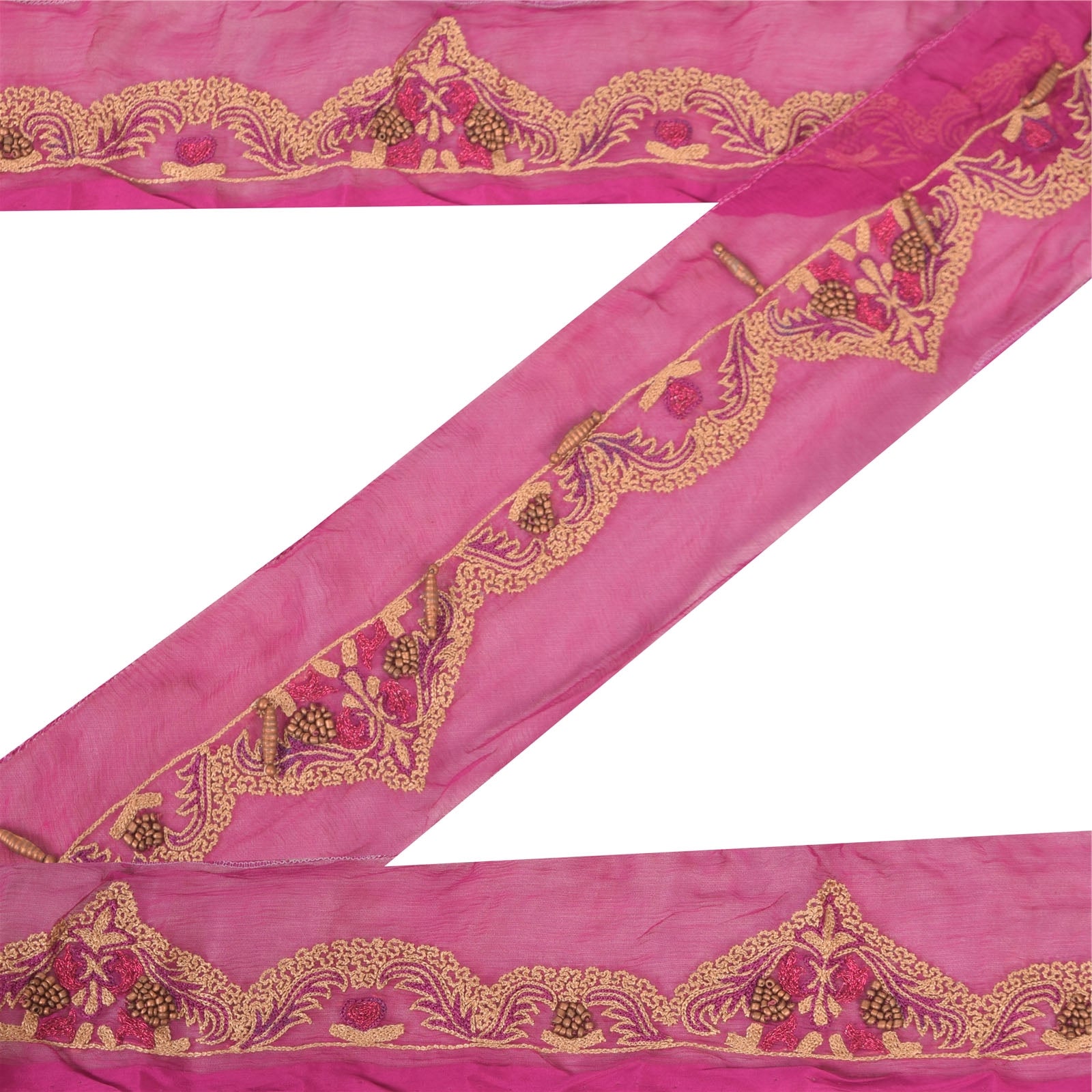 Sanskriti Vintage Saree 1 Yd Border Pink Hand Beaded Sari Trim Sewing Craft Decor Sarees 3.2W Lace Chiffon Silk Ribbon