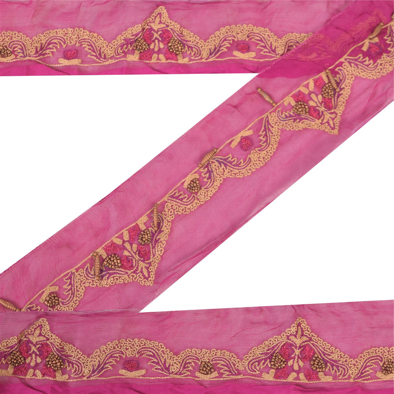 Sanskriti Vintage Saree 1 Yd Border Pink Hand Beaded Sari Trim Sewing Craft Decor Sarees 3.2W Lace Chiffon Silk Ribbon upholstery fabric