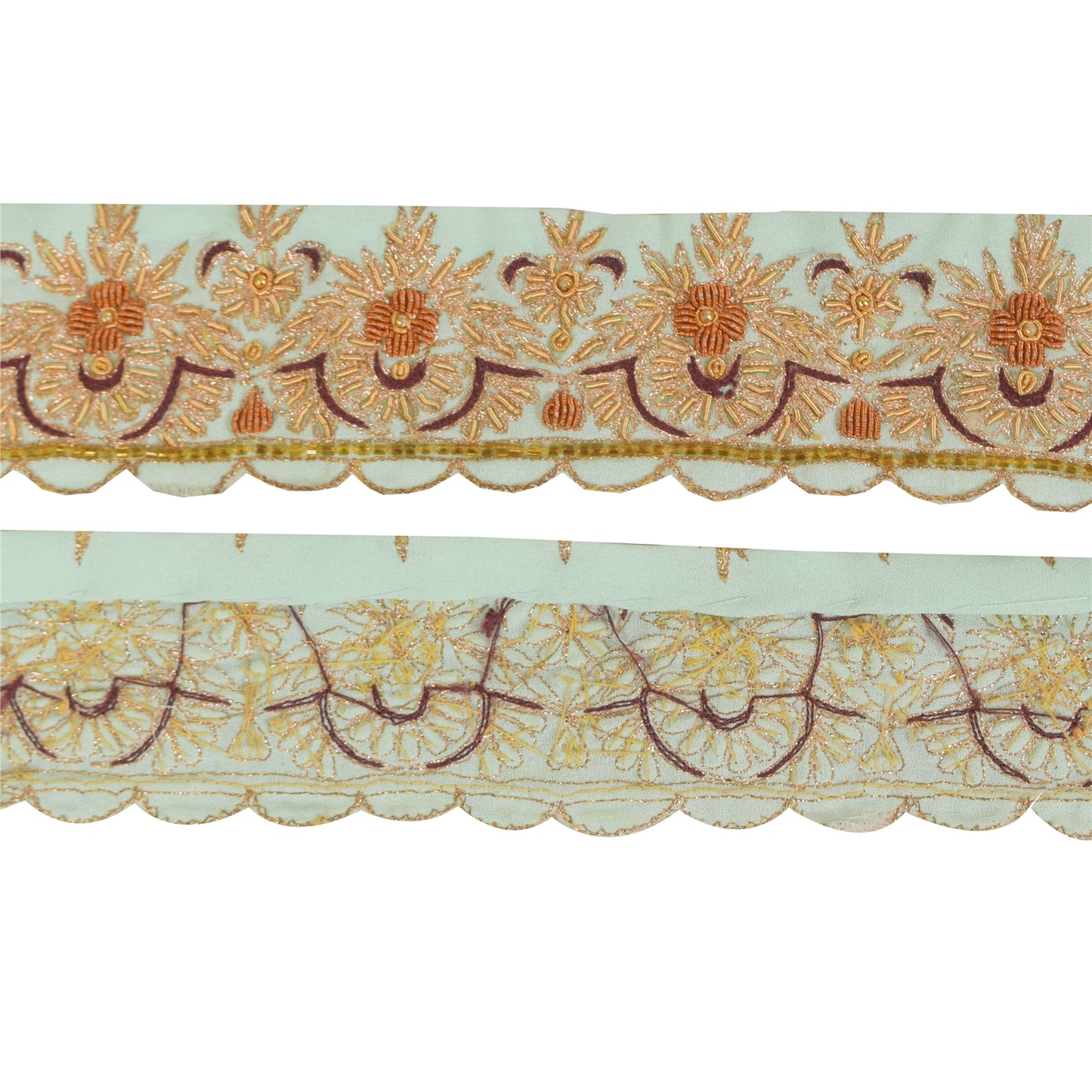 Sanskriti Vintage 1YD Sari Border Hand Beaded Zardozi Trim Sewing Sea-Green Lace