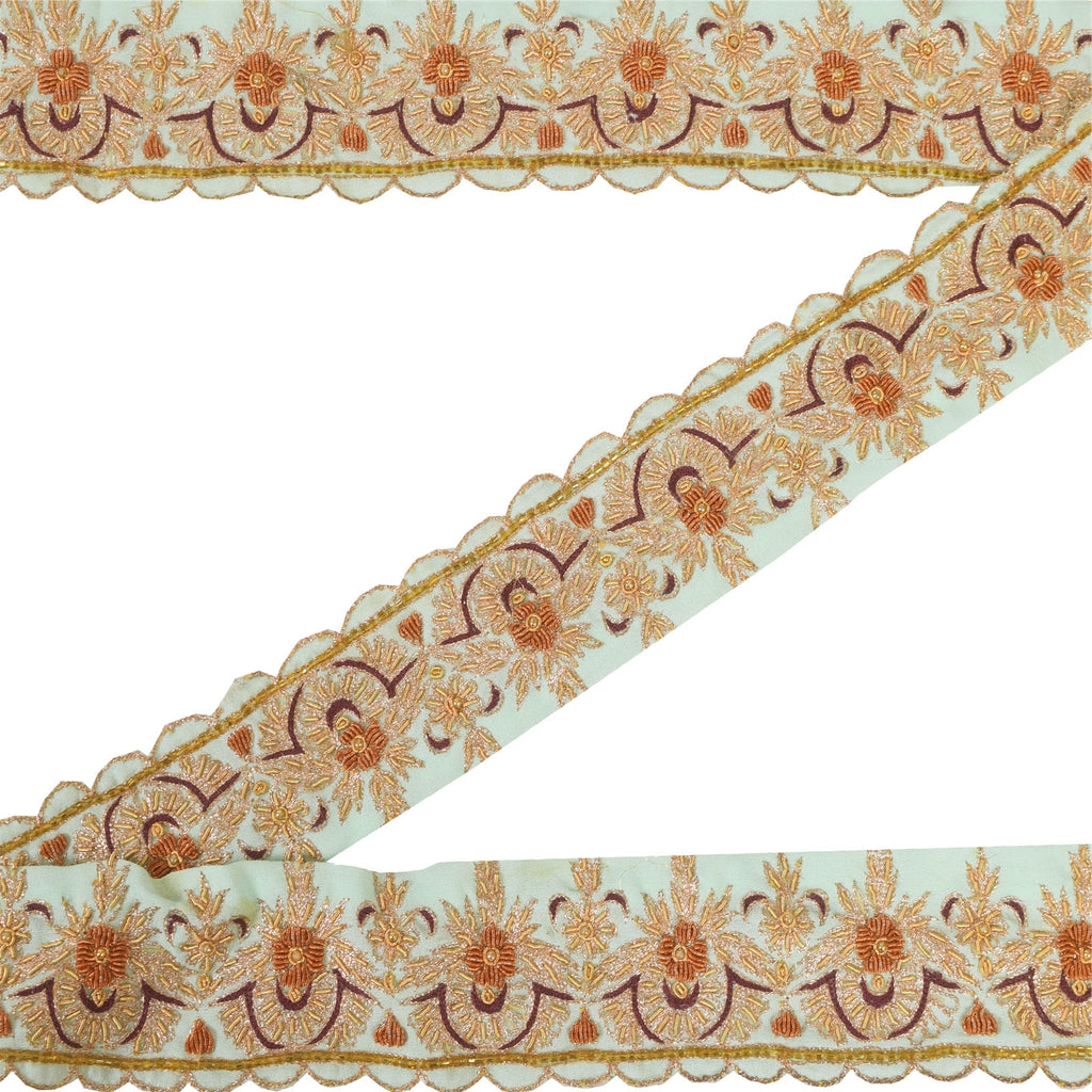 Sanskriti Vintage 1YD Sari Border Hand Beaded Zardozi Trim Sewing Sea-Green Lace