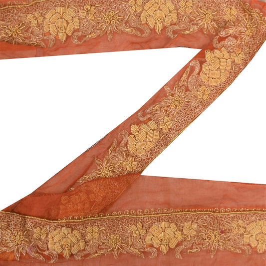 Sanskriti Vintage 1YD Sari Border Hand Beaded Trim Sewing Craft Peach Decor Lace