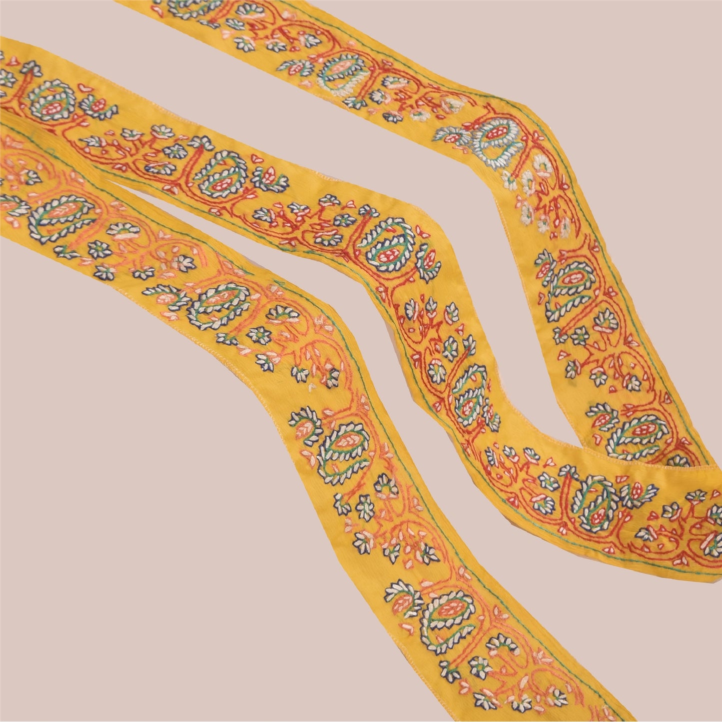 Sanskriti Vintage 1YD Sari Border Hand Embroidered Yellow Trim Sewing Craft Lace