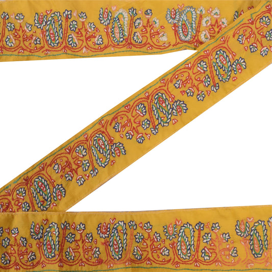 Sanskriti Vintage 1YD Sari Border Hand Embroidered Yellow Trim Sewing Craft Lace