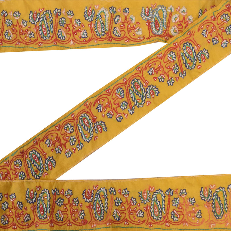 Sanskriti Vintage 1YD Sari Border Hand Embroidered Yellow Trim Sewing Craft Lace
