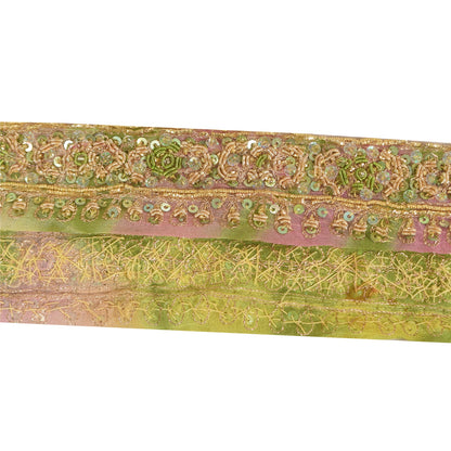 Sanskriti Vintage 1YD Sari Border Hand Beaded ZardoziTrim Sewing Craft Pink Lace