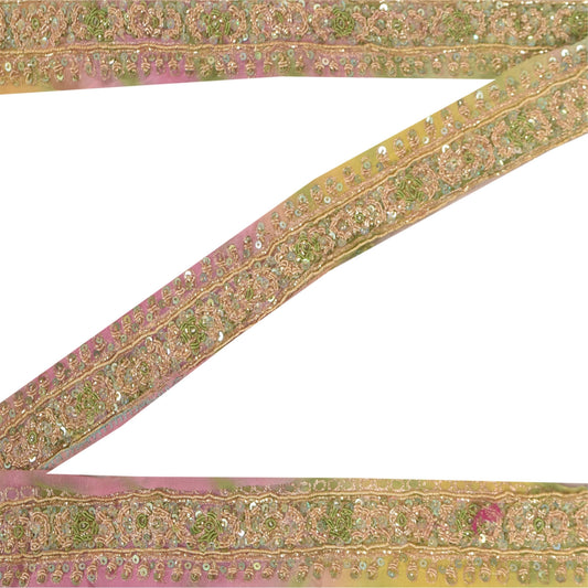 Sanskriti Vintage 1YD Sari Border Hand Beaded ZardoziTrim Sewing Craft Pink Lace