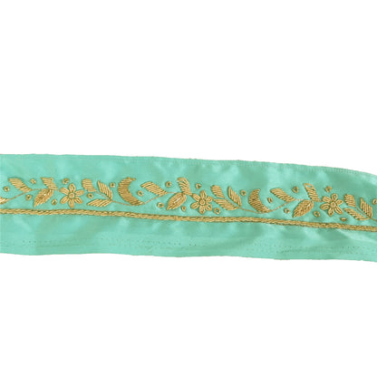 Sanskriti Vintage 1 YD Sari Border Hand Embroidered Green Trim Sewing Craft Lace