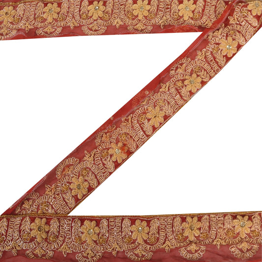 Sanskriti Vintage 1 YD Sari Border Hand Beaded Trim Sewing Craft Pink Decor Lace