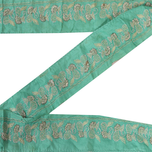 Sanskriti Vintage 1 YD Sari Border Hand Embroidered Trim Craft Green Decor Lace