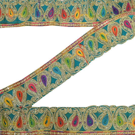 Sanskriti Vintage 1 YD Sari Border Embroidered Trim Sewing Craft Blue Decor Lace
