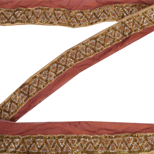 Sanskriti Vintage 1 YD Sari Border Hand Beaded Trim Sewing Craft BrownDecor Lace