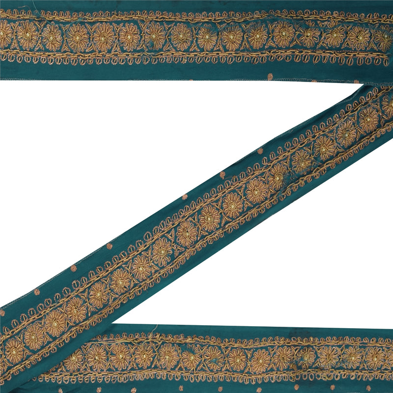 Sanskriti Vintage Blue Pure Crepe Trim 1YD Saree Border Embroidery Sari 2W Lace