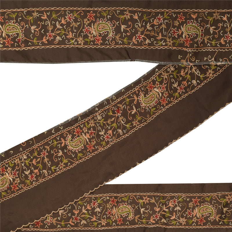 Sanskriti Vintage 1 YD Sari Border Embroidered Thread Zardozi Trim Brown 4W Lace