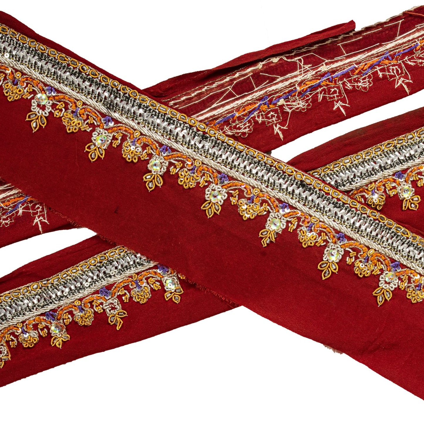 Sanskriti Vintage Red Silk 1 YD Sari Border Hand Beaded Zardozi Craft Trim Lace