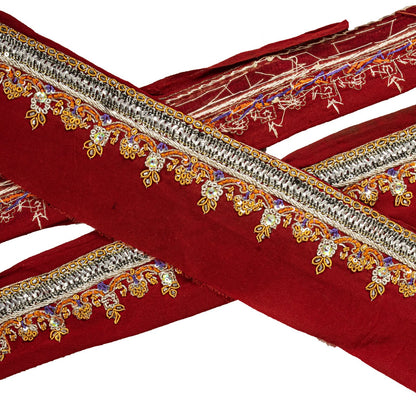 Sanskriti Vintage Red Silk 1 YD Sari Border Hand Beaded Zardozi Craft Trim Lace