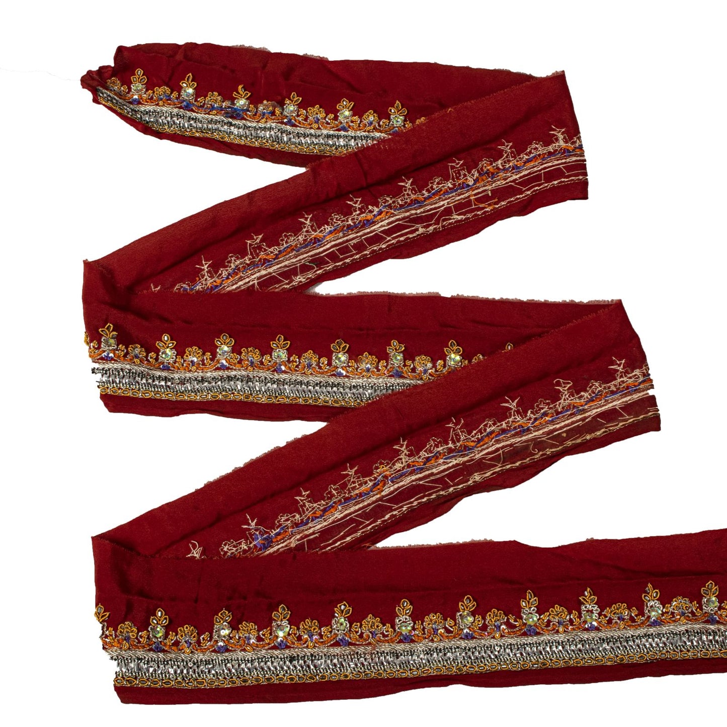 Sanskriti Vintage Red Silk 1 YD Sari Border Hand Beaded Zardozi Craft Trim Lace