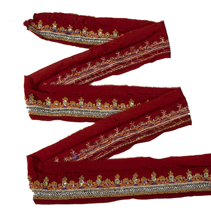 Sanskriti Vintage Red Silk 1 YD Sari Border Hand Beaded Zardozi Craft Trim Lace