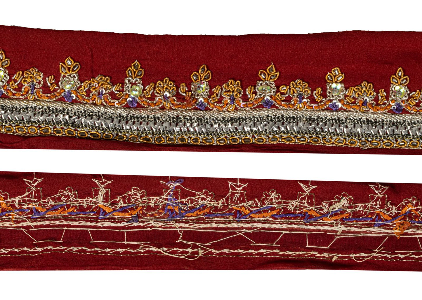 Sanskriti Vintage Red Silk 1 YD Sari Border Hand Beaded Zardozi Craft Trim Lace