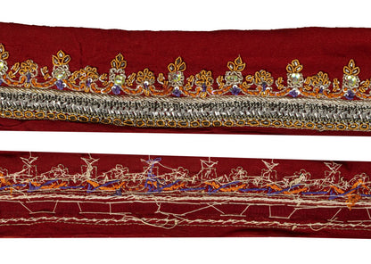 Sanskriti Vintage Red Silk 1 YD Sari Border Hand Beaded Zardozi Craft Trim Lace
