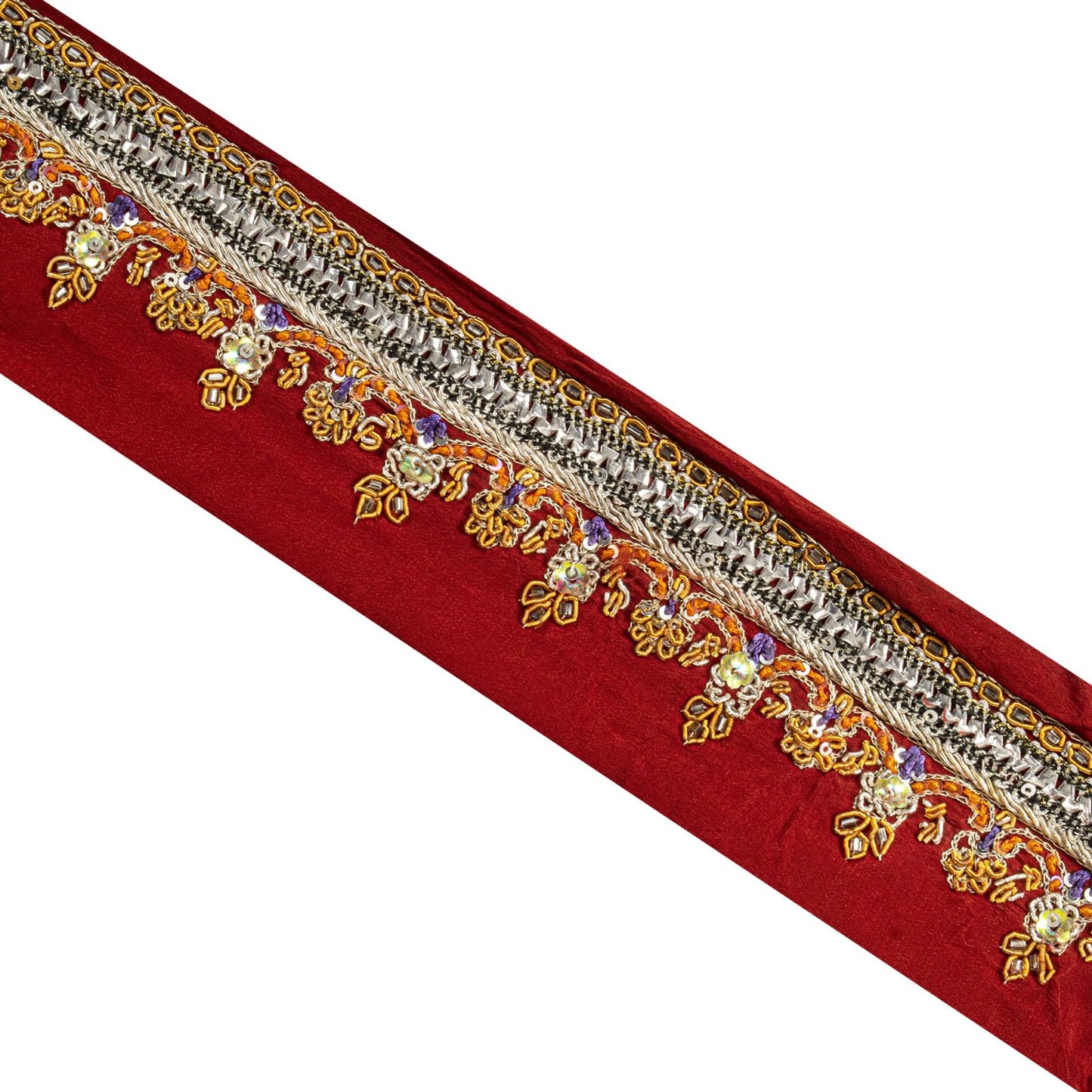 Sanskriti Vintage Red Silk 1 YD Sari Border Hand Beaded Zardozi Craft Trim Lace