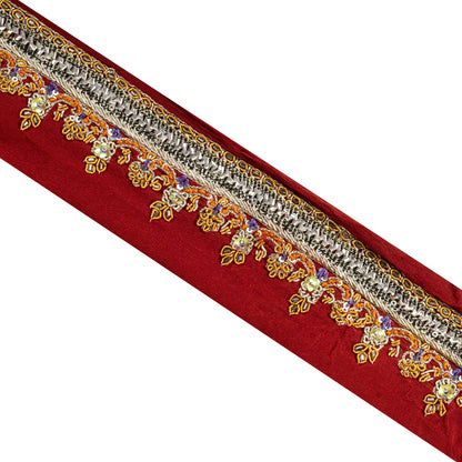Sanskriti Vintage Red Silk 1 YD Sari Border Hand Beaded Zardozi Craft Trim Lace