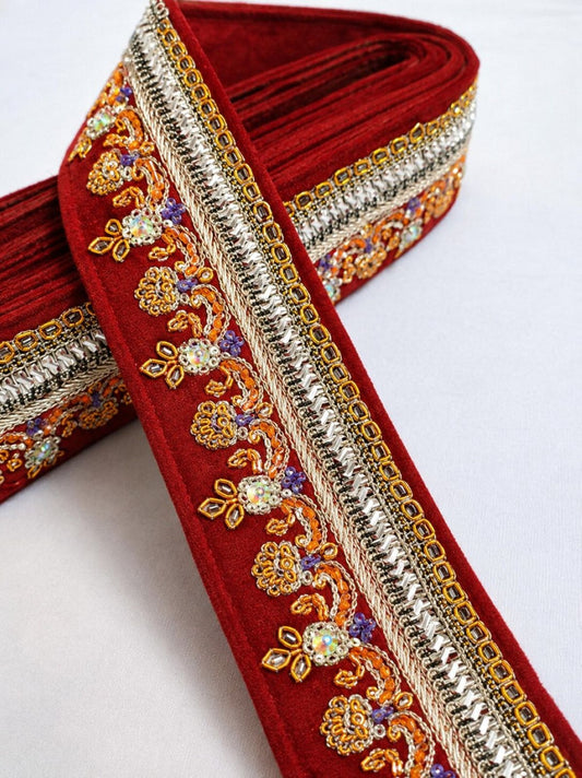 Sanskriti Vintage Red Silk 1 YD Sari Border Hand Beaded Zardozi Craft Trim Lace
