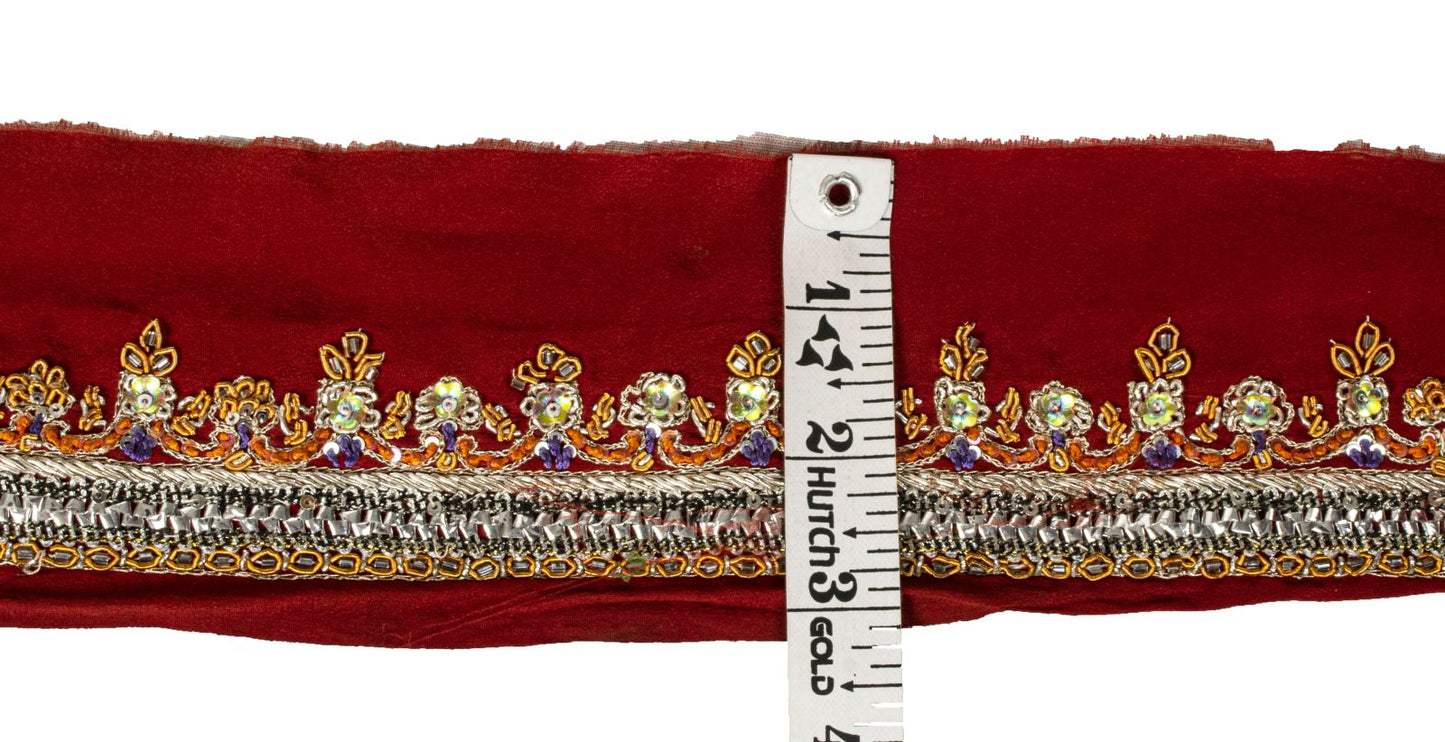 Sanskriti Vintage Red Silk 1 YD Sari Border Hand Beaded Zardozi Craft Trim Lace