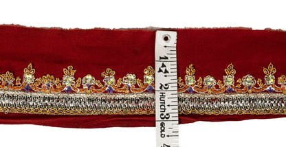 Sanskriti Vintage Red Silk 1 YD Sari Border Hand Beaded Zardozi Craft Trim Lace