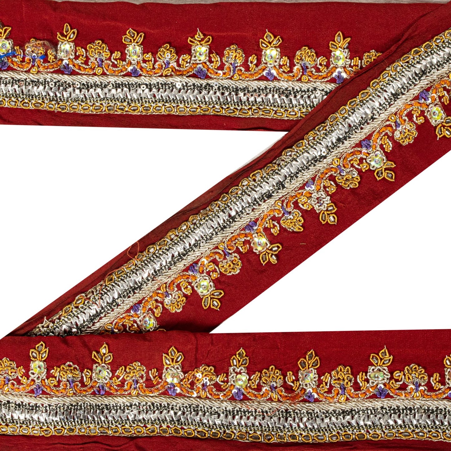 Sanskriti Vintage Red Silk 1 YD Sari Border Hand Beaded Zardozi Craft Trim Lace