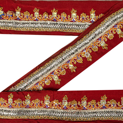 Sanskriti Vintage Red Silk 1 YD Sari Border Hand Beaded Zardozi Craft Trim Lace
