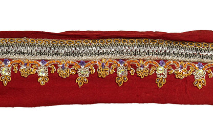 Sanskriti Vintage Red Silk 1 YD Sari Border Hand Beaded Zardozi Craft Trim Lace