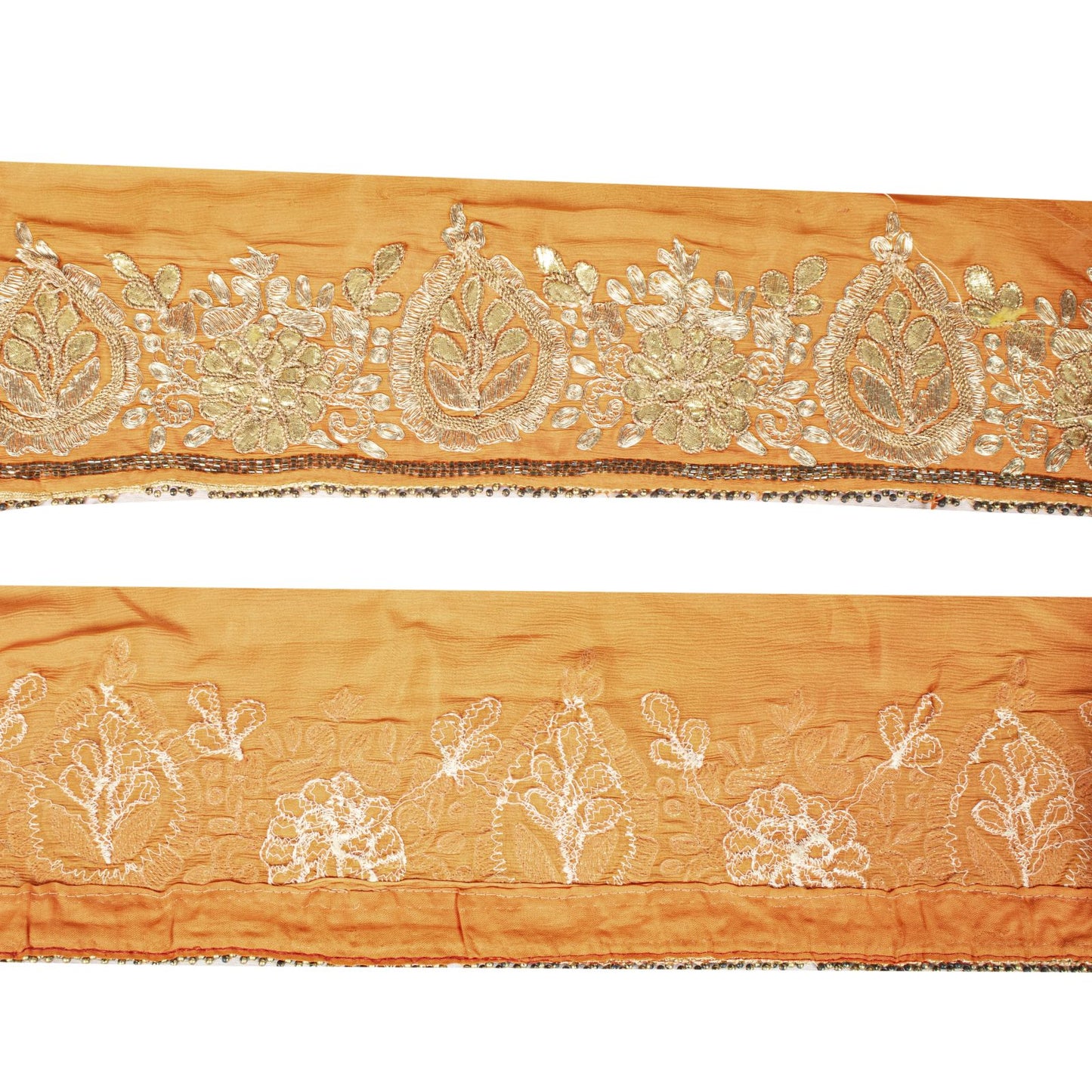 Sanskriti Vintage Orange Pure Chiffon 1 YD Sari Border Hand Embroidery Trim Lace