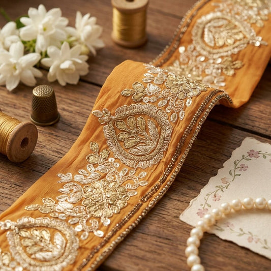 Sanskriti Vintage Orange Pure Chiffon 1 YD Sari Border Hand Embroidery Trim Lace