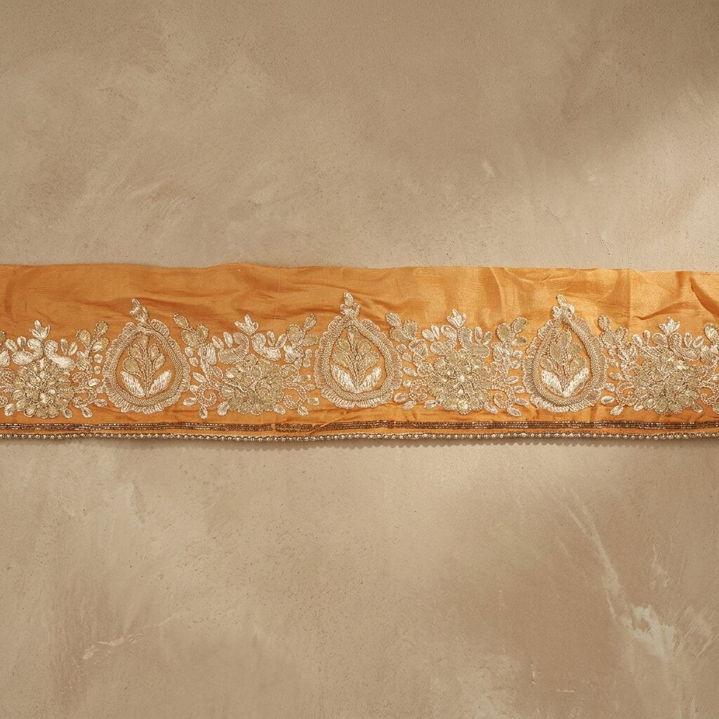 Sanskriti Vintage Orange Pure Chiffon 1 YD Sari Border Hand Embroidery Trim Lace