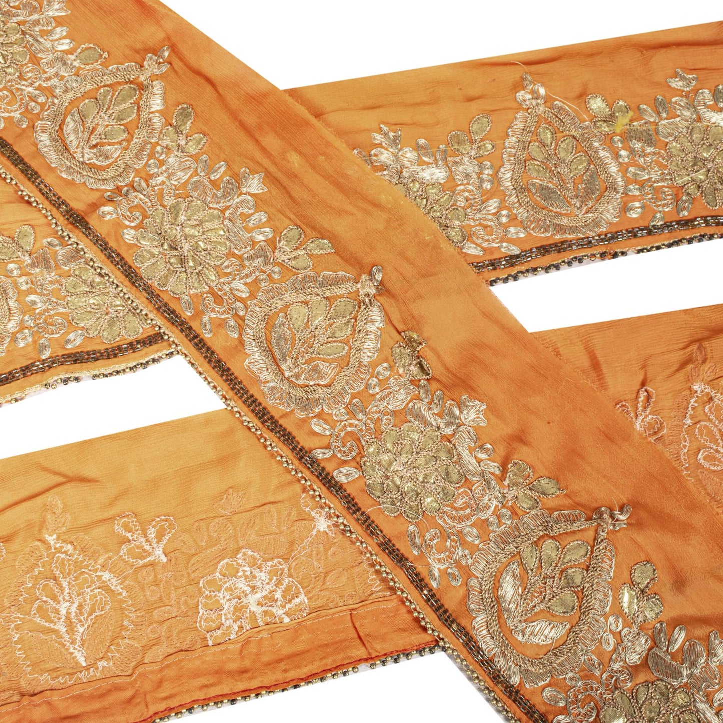 Sanskriti Vintage Orange Pure Chiffon 1 YD Sari Border Hand Embroidery Trim Lace