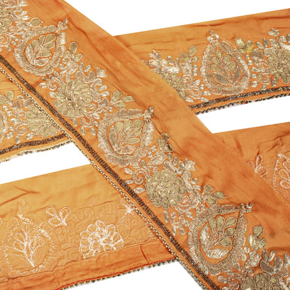 Sanskriti Vintage Orange Pure Chiffon 1 YD Sari Border Hand Embroidery Trim Lace